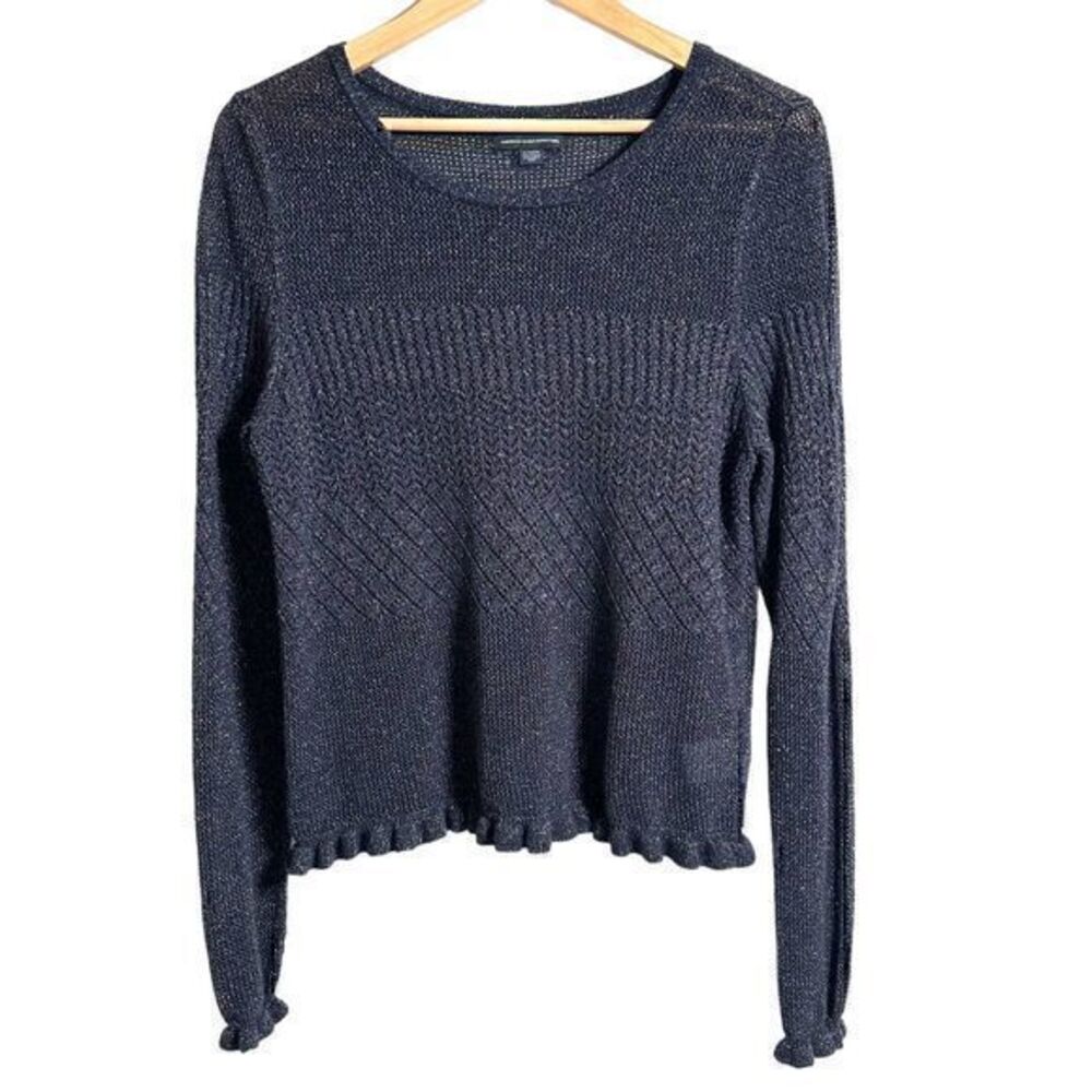 American Eagle Dark Blue Sparkly Ruffle Knit Pull Over‎ Sweater Size XL